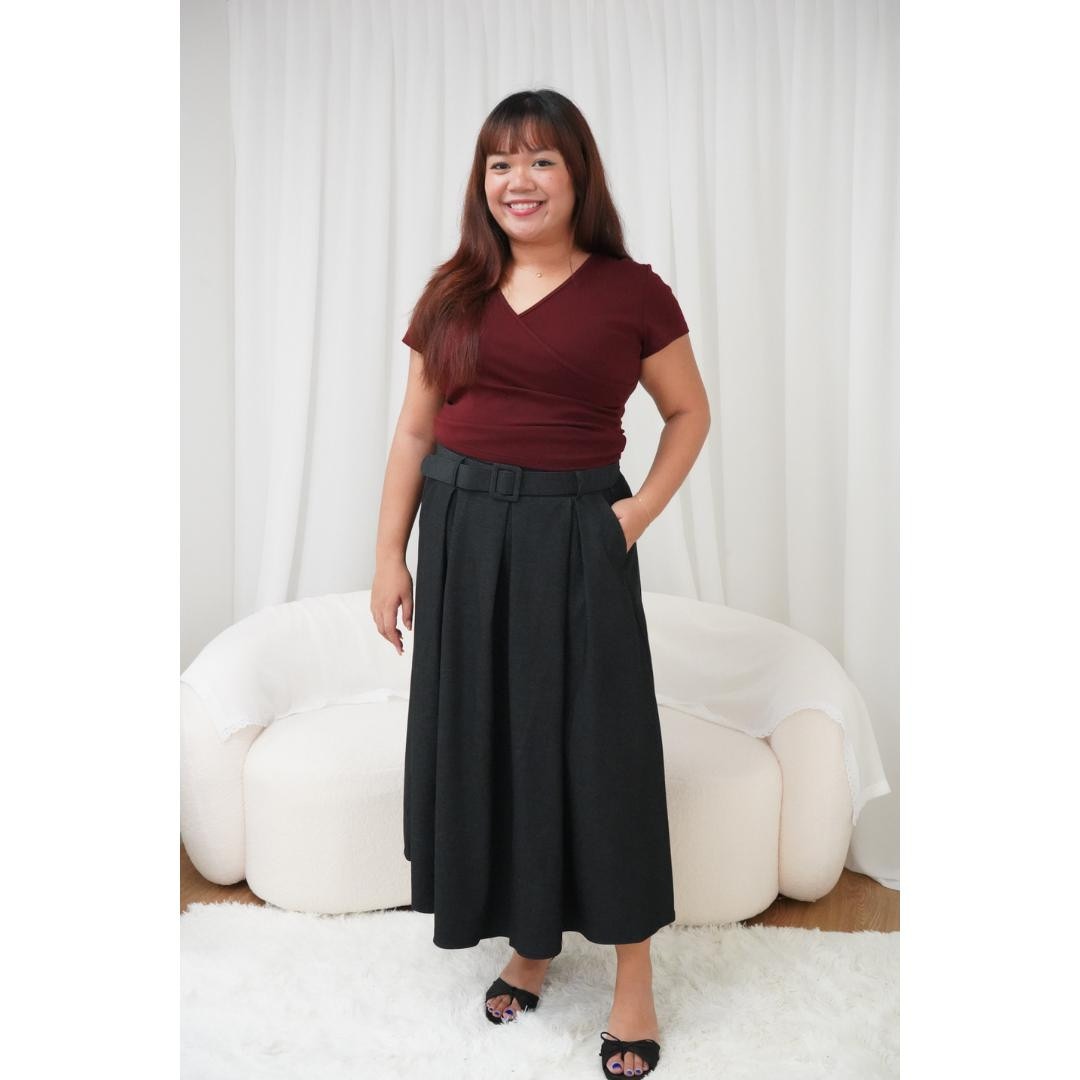 Billie Pleated Skirt with Belt in Black Faux Denim