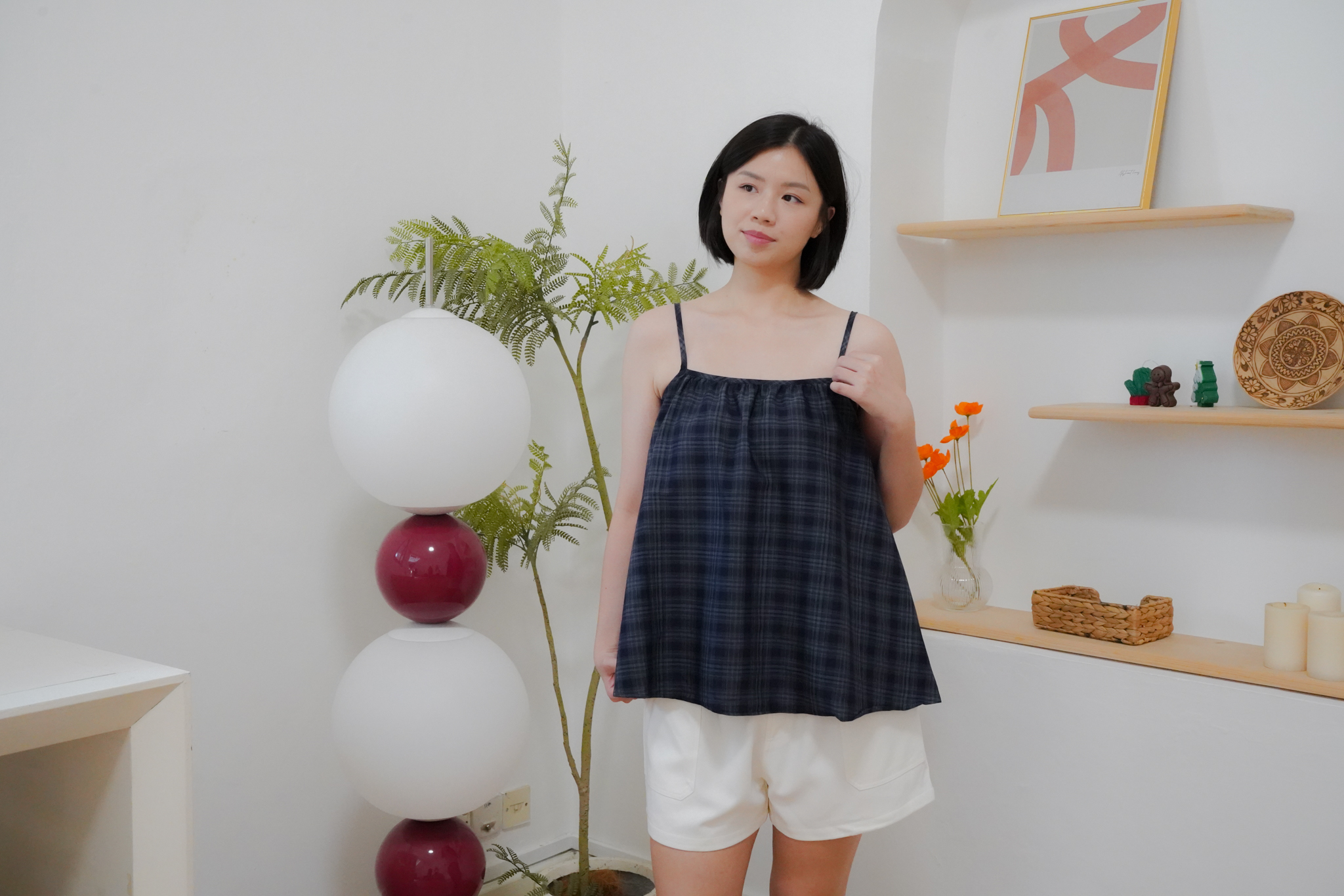 Mabel checked camisole styled with white shorts from The Fleur Label